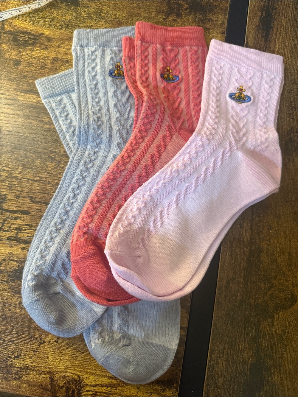 Three-Pack Cable Knit Ankle Socks with Orb Embroidery - Pink, Coral, Light Blue